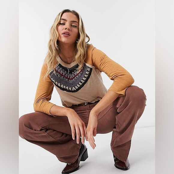 We The Free Tops - We The Free by Free People Spring Bound Tan Crochet Yoke Baseball Tee